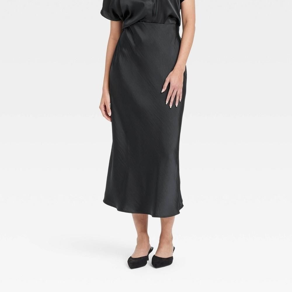 Women's MIDI a-Line Skirt a New Day Black Large Satin Slim Fit  36"